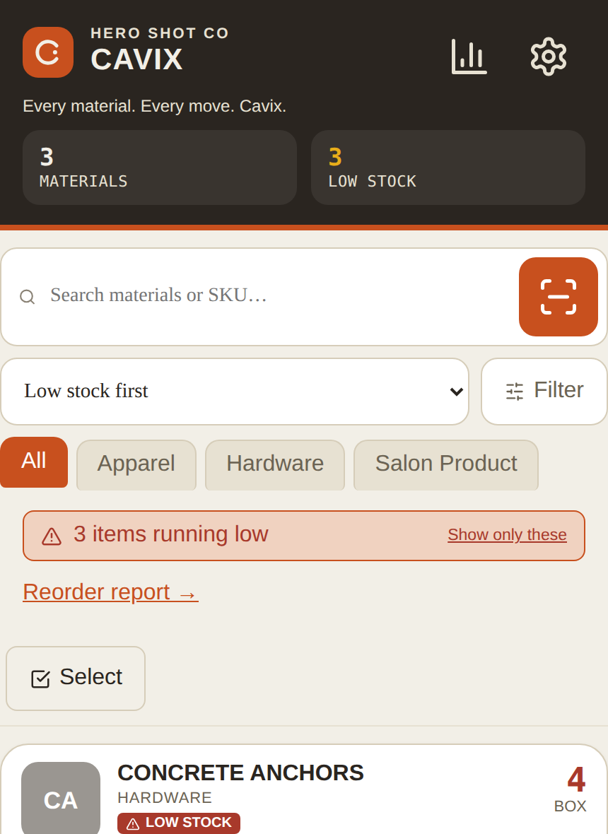 Cavix inventory screen showing low-stock alerts and job-cost tracking across multiple locations